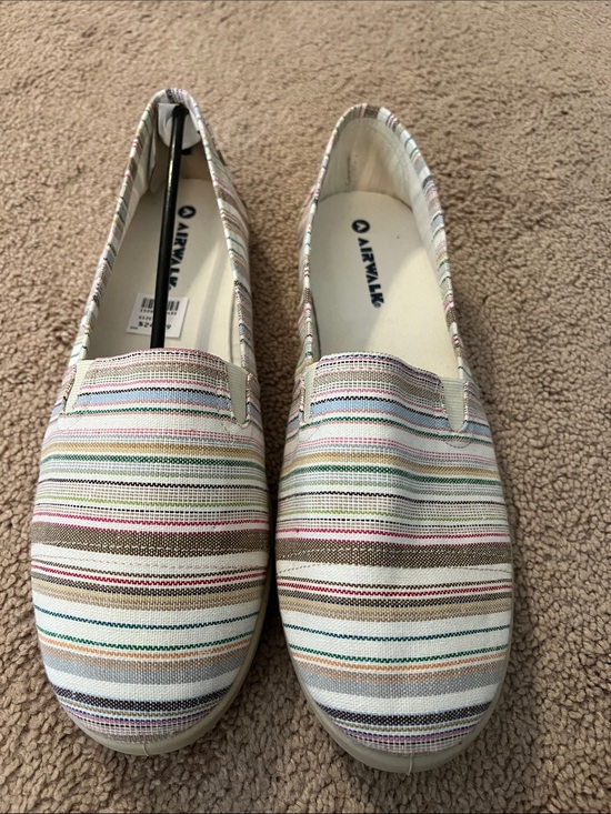 Airwalk Shoes - Airwalk Women’s Multistripe Canvas Slip-On Flats in White, Tan & Pastel Accents